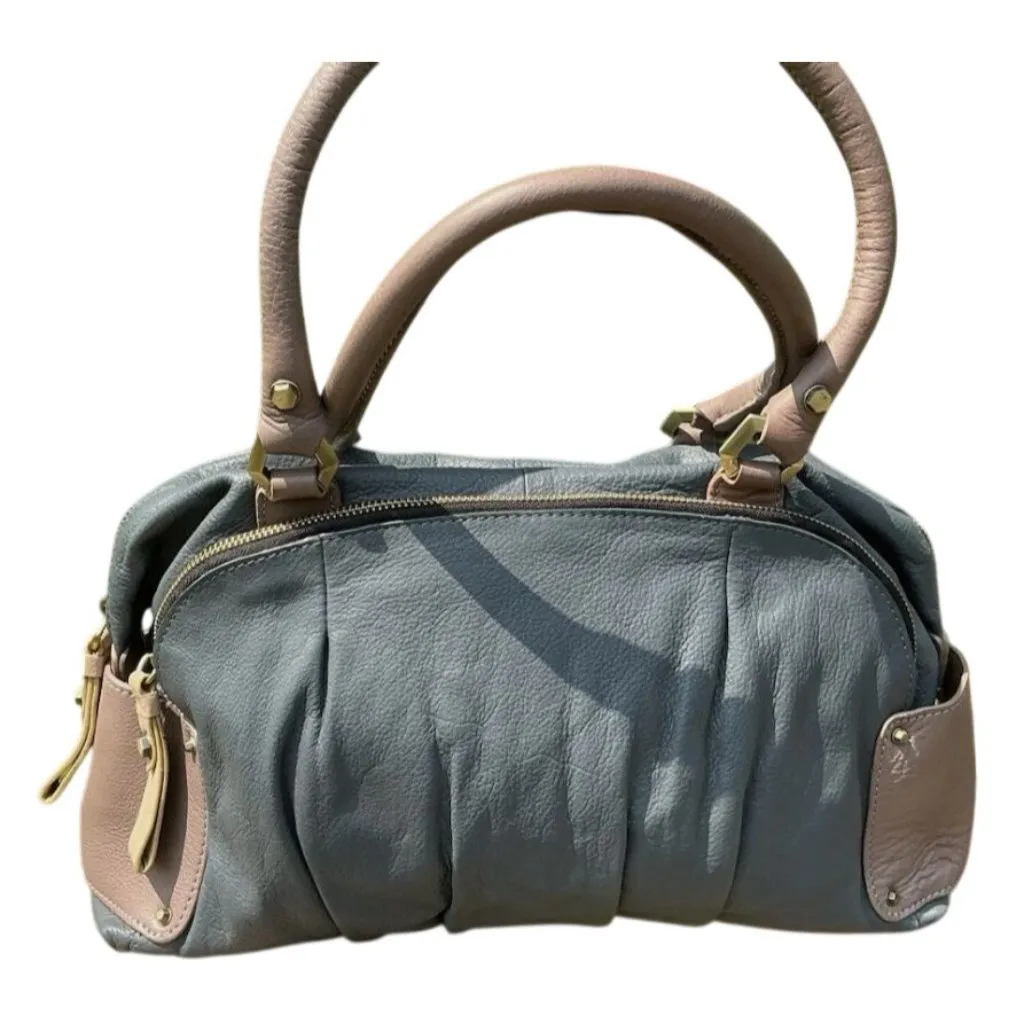 OrYany Dual Handles Leather Handbag Zip Closures Patterned Interior Blue Beige Size M - Image 3