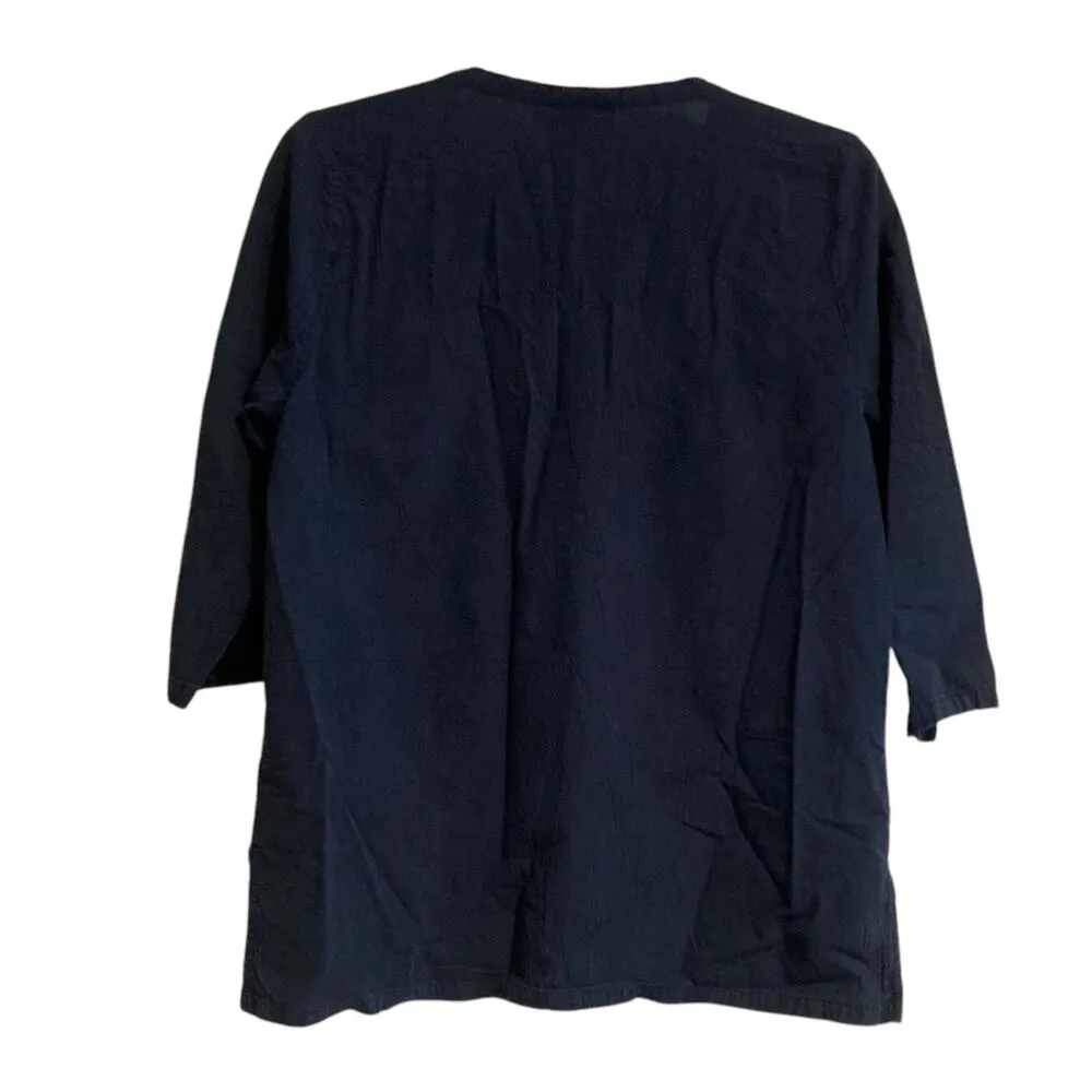 Vintage Navy Blue Cotton 3/4 Sleeve Loose Fit Boho Cottage Tunic Top Size Small - Image 2