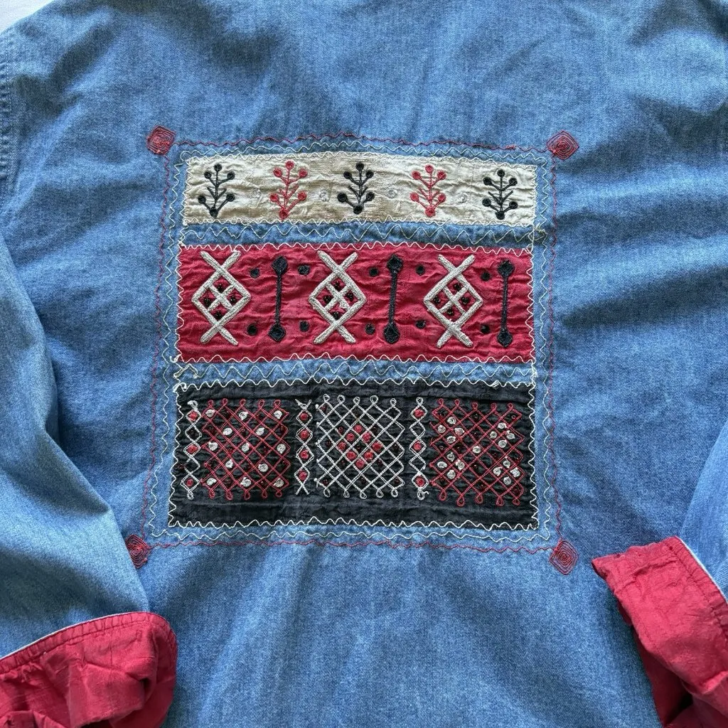 Vintage 80s 90s Embroidered Embellished Denim Blue Jean Jacket Beaded Womens XL - Image 8