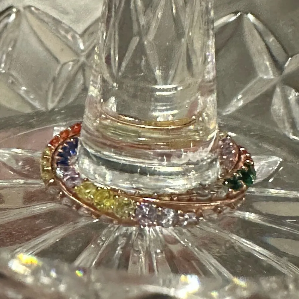 Rose Gold Toned Rainbow Rhinestone Gem Twist Ring Size 5.5 Estimated‎ Pink - Image 3