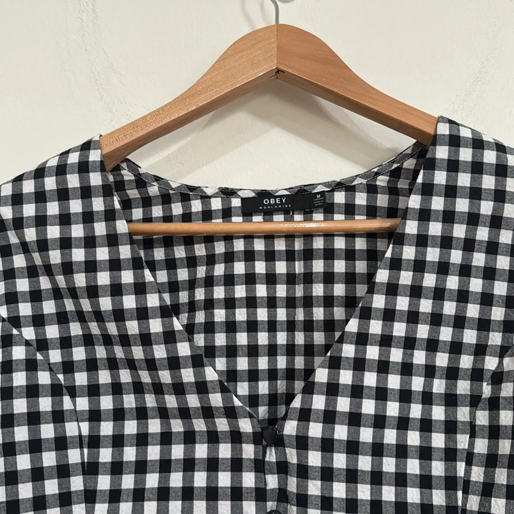 Obey Black/White Checkered Button Down Balloon Short Sleeve Crop Top Cotton sz M - Image 3