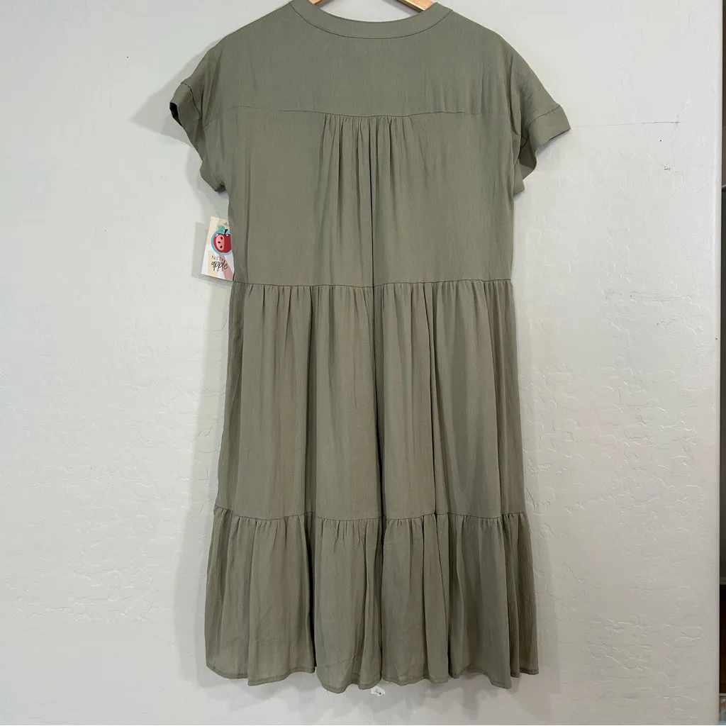 Mikarose Sage Green Tiered Midi Dress Large Rayon Short Sleeve Button Front NWT - Image 7
