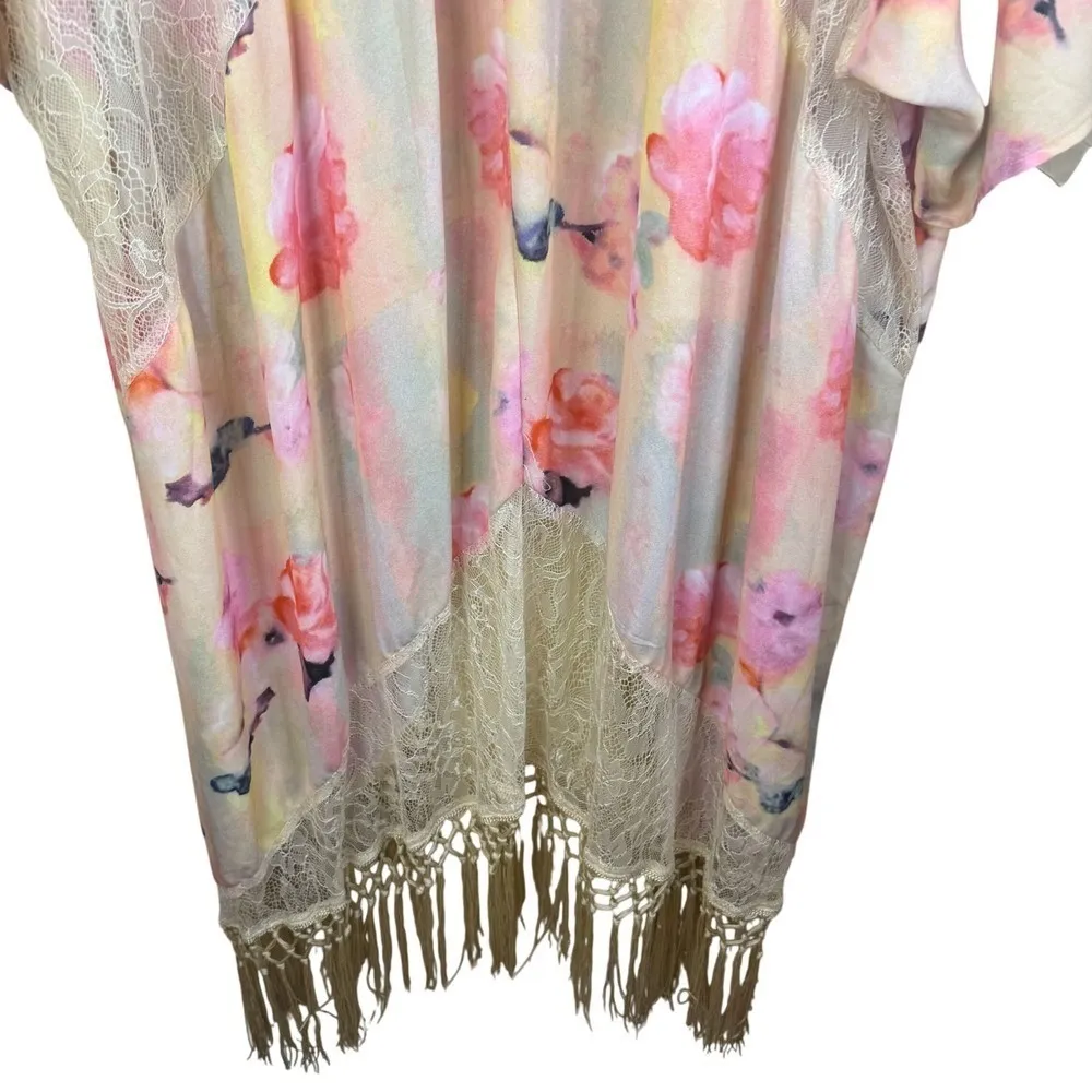 Melissa McCarthy Seven Kimono Cardigan Floral Lace Fringe Boho Robe Plus Size 1X Pink - Image 10