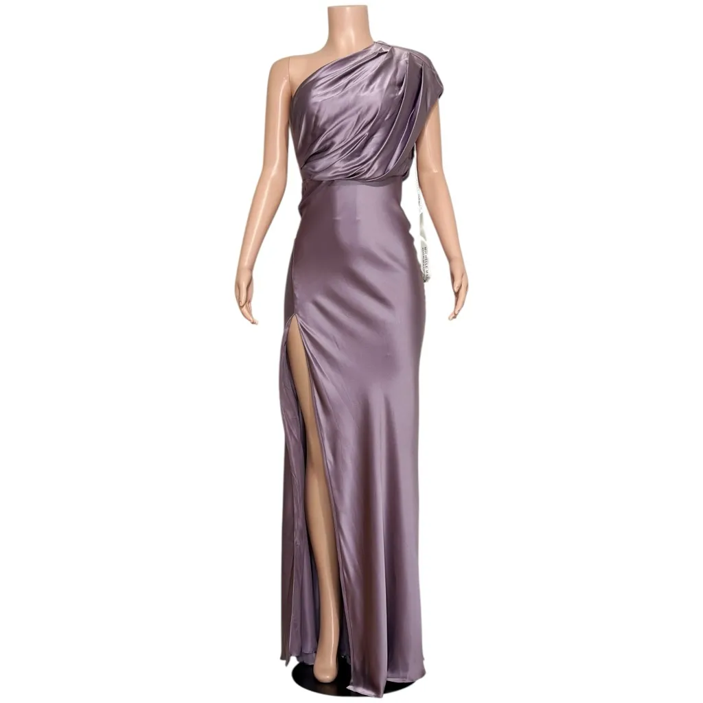 MICHELLE MASON Asymmetrical Open Back One Shoulder Silk Satin Gown, Mauve, 0(US) - Image 7