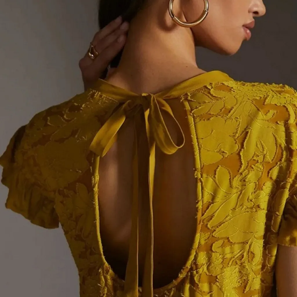 Anthropologie Playful Ruffle Knit Mustard Mini Dress - Image 3