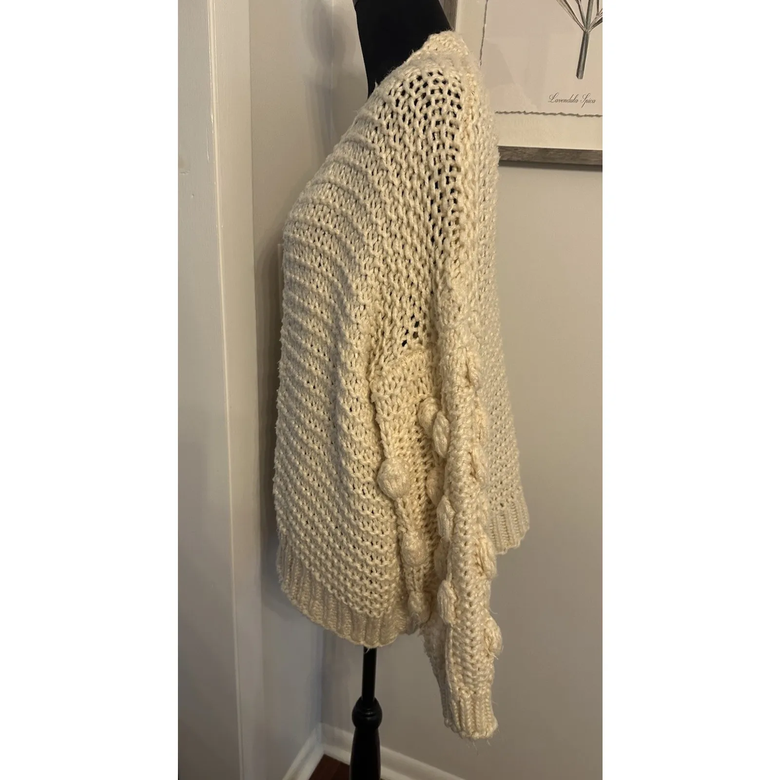 Chunky Cardigan Bobble Knit Crochet Long Sleeve Sweater Ivory Open Women’s M/L - Image 3