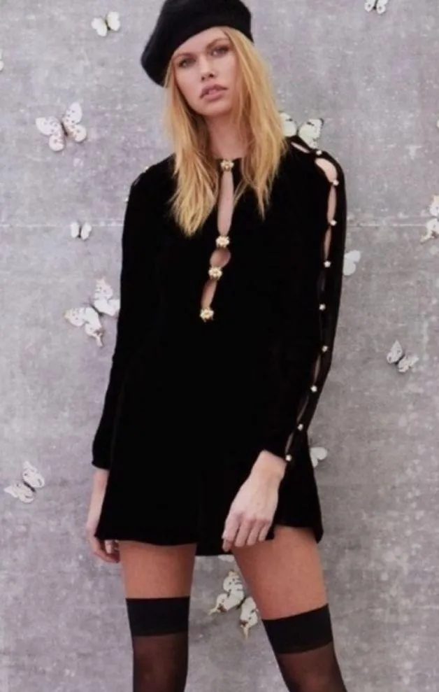 For Love And Lemons | Velvet Long Sleeve Embellished Dress - Image 3