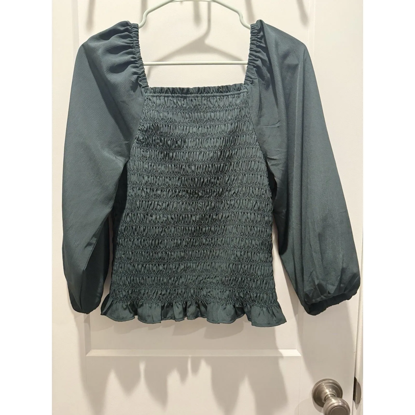 Women’s Madewell Lucie Bubble Sleeve Smocked Crinkle Top Blouse Small Green Palm - Image 5