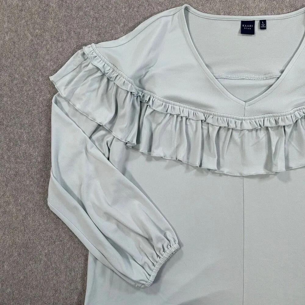 Kaari Blue Ruffle V-Neck Blouse Women's Large 3/4 Sleeve New - Image 2