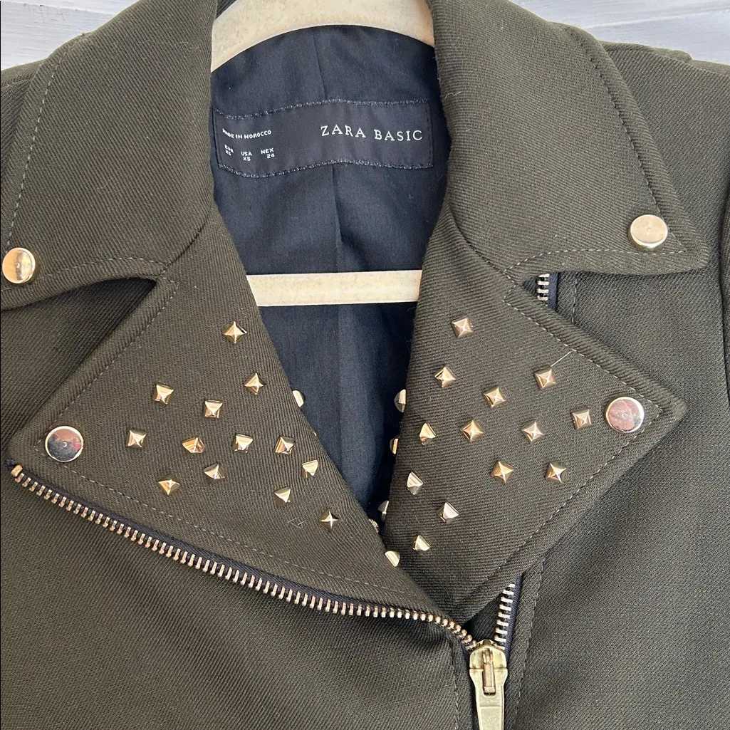 Zara Basic Size XS Army Olive Green Wool Blend Moto Zip Studded Zip up Jacket - Image 4