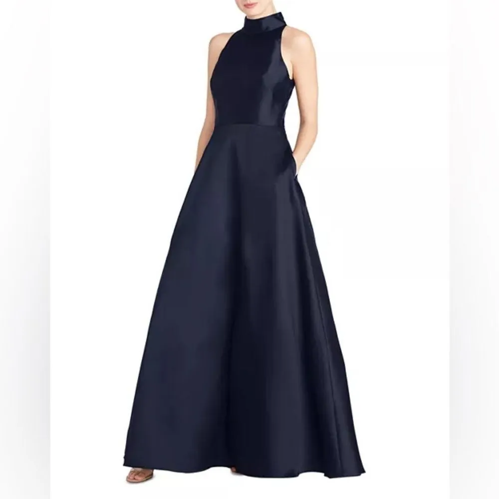 Monique Lhuillier High Neck Evening Gown Dress Navy 12 Pockets - Image 3
