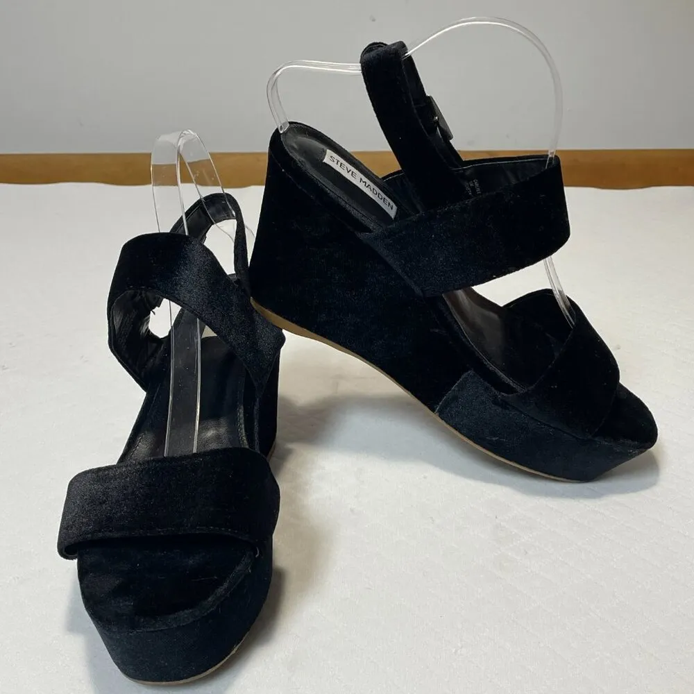 Steve‎ Madden Carlyle Women's Black Velvet Wedge Sandals Size 10M - Image 7