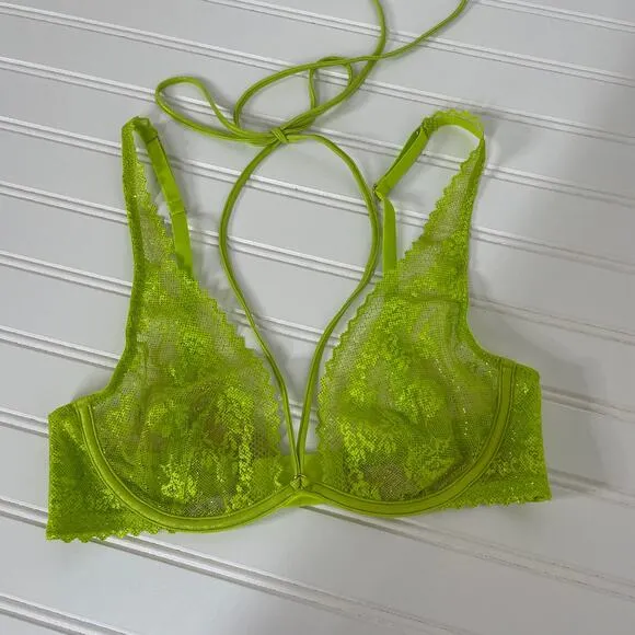 NWT Savage X Fenty Apple Green Caged Lace Unlined Underwired Bra with Tie 32C - Image 1