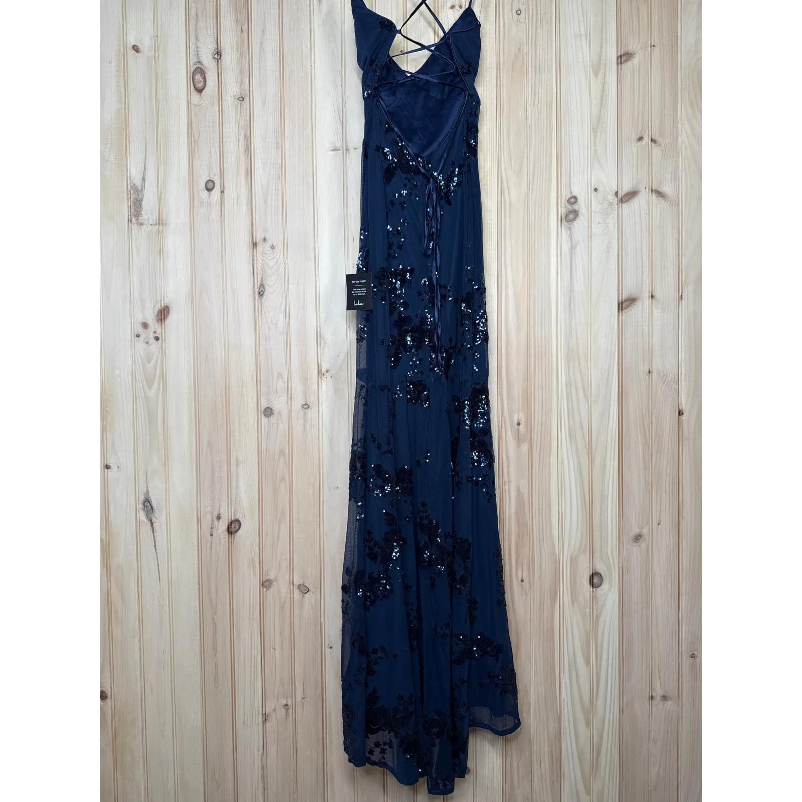 NWT Lulus Valhalla Navy Blue Sequin Lace-Up Maxi Dress Banquet Gala NYE Glam L - Image 6