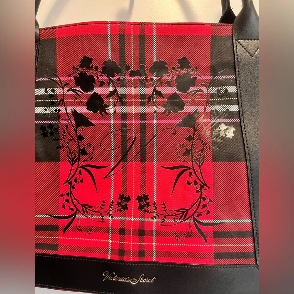 Victoria Secrete Logo Red & Black Plaid Floral Large Tote Weekend Bag - Image 2