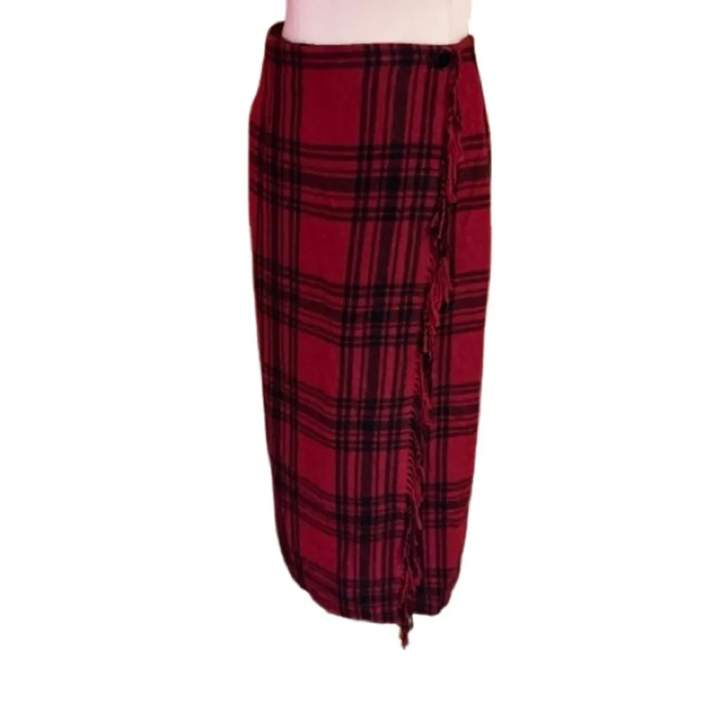 Vtg 90s wool plaid fringed wrap skirt Red Size 10P - Image 2