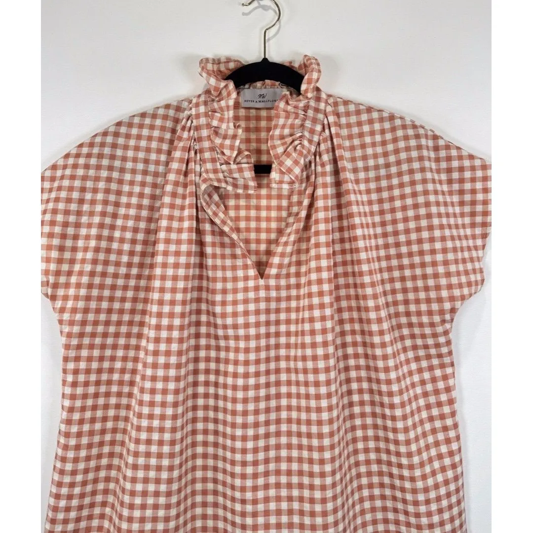 Never A Wallflower Womens Top Brown Ruffle High Neck Plaid Short Sleeve Large - Image 6