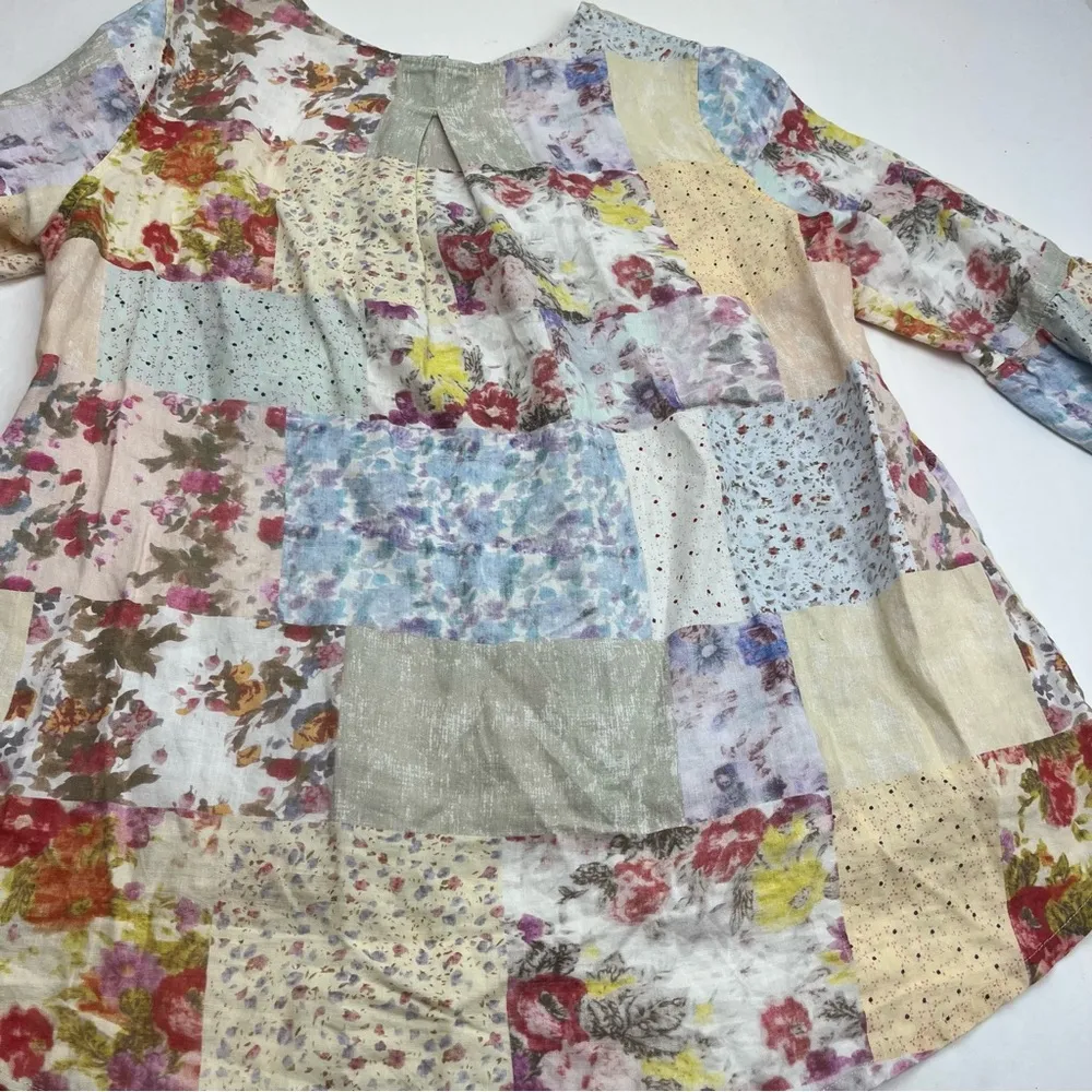 John Mark Large Patchwork Floral 100% Linen Tunic Top Hi Low Hem Flutter Sleeves - Image 11