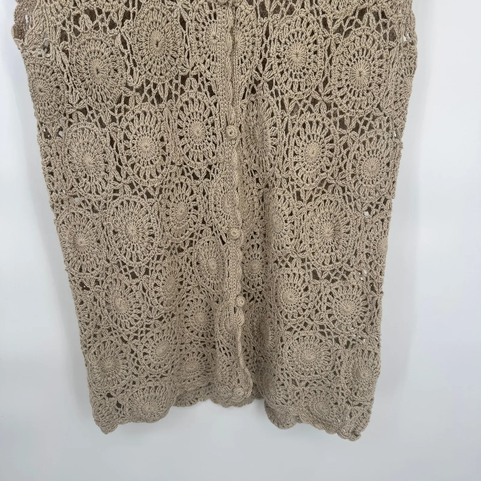 Jon Christy Hand Crocheted Cotton Vest Womens Large Beige Grannycore Open Knit Brown - Image 3