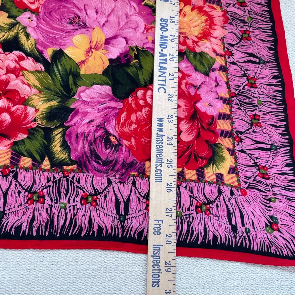 Oscar De La Renta Silk Square Scarf Cabbage Roses Pink Red Black 30” X 28.5” - Image 5