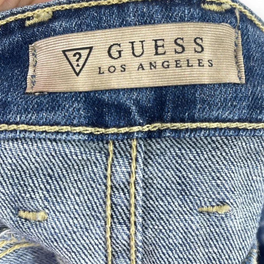 00s GUESS Vintage Blue Floral Embroidered Cut Off Denim Shorts - Image 7