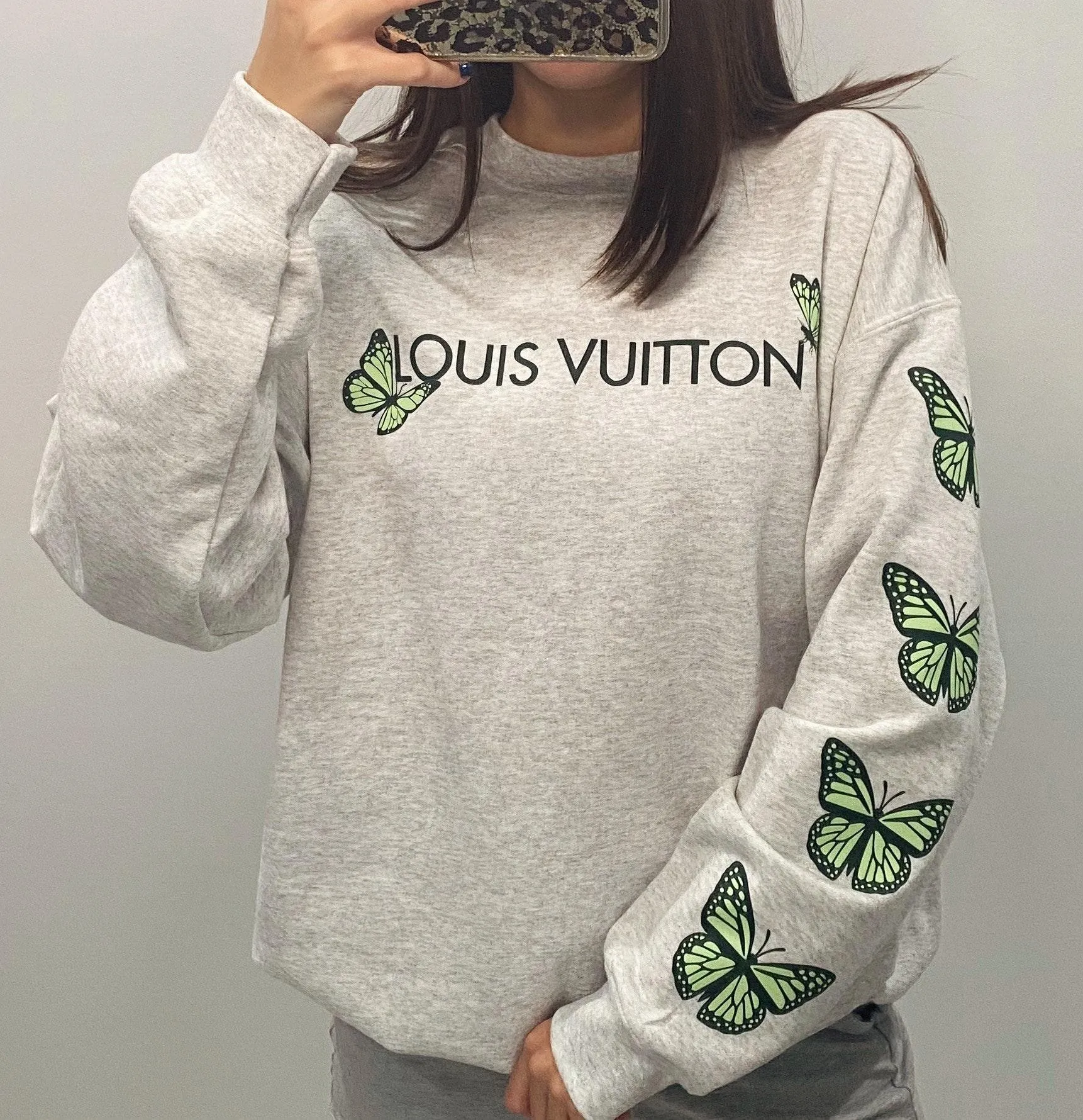 Custom Butterfly Crewneck Sweatshirt Gray Size L - Image 1