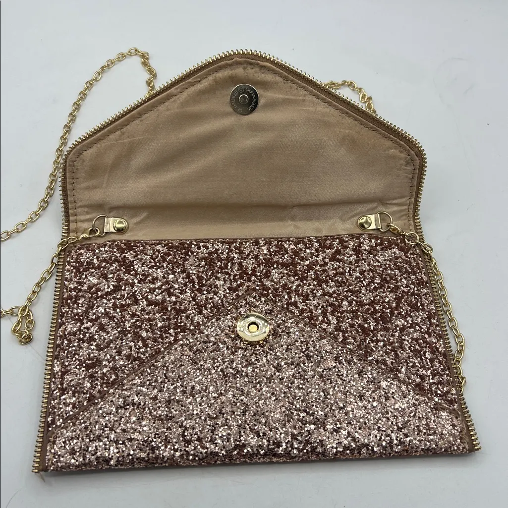 Olivia Miller Rose Gold Glitter Envelope Clutch Detachable Chain Shoulder Strap - Image 4