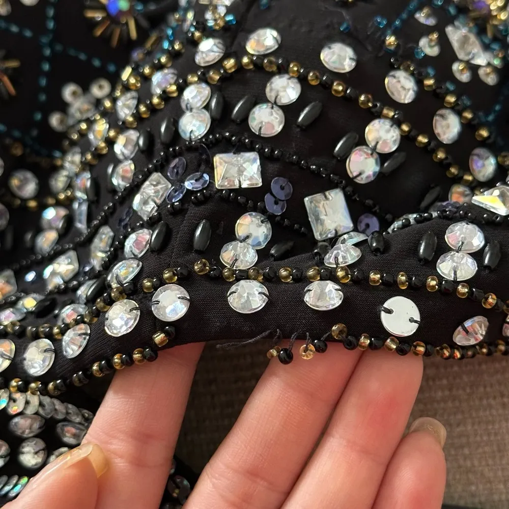 Xscape Black Sleeveless Beaded Cutout Halter Gown Size 2 - Image 3