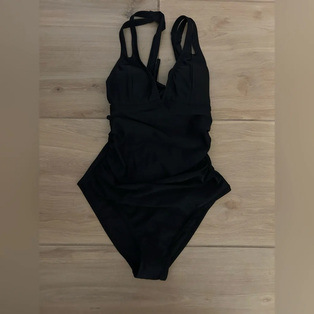 NEW Black 1 Pc Swimsuit Tummy Control V Neck Double Straps Crisscross S - Image 3