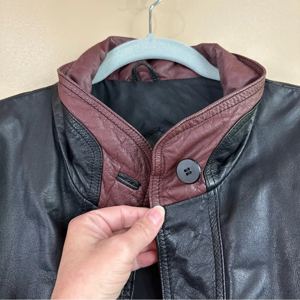 Vintage Pelle Two Toned Black & Burgundy Long Leather Trench Coat Womens Medium - Image 3