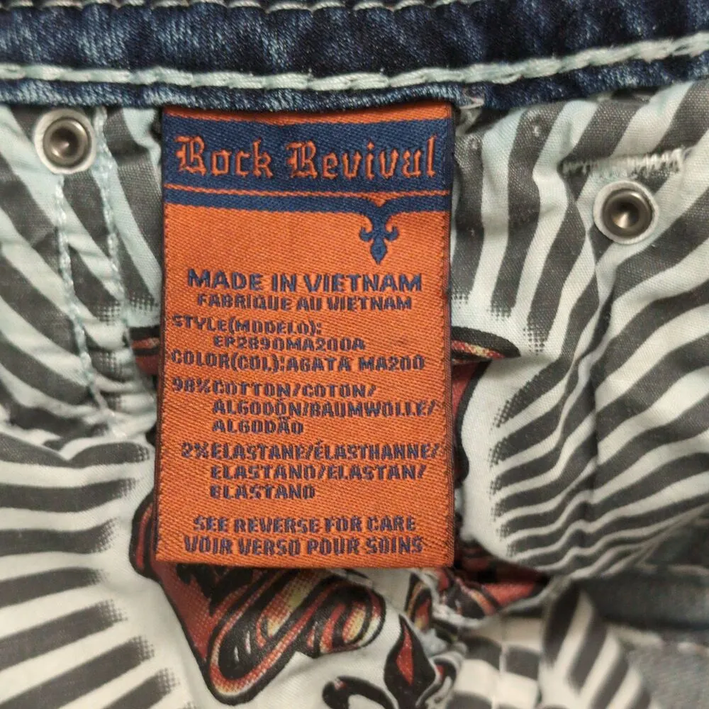 Rock Revival Blue Distressed Embroidered Rhinestone Agata Skinny Jeans Size 25 - Image 14