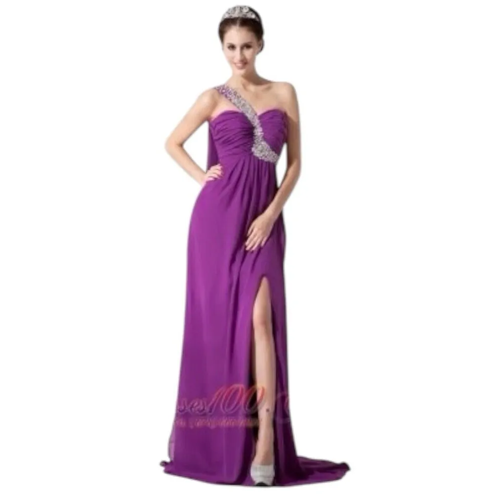 Prom Formal Dress Purple One Shoulder Long Embellished Beaded Cocktail Size S - Image 2