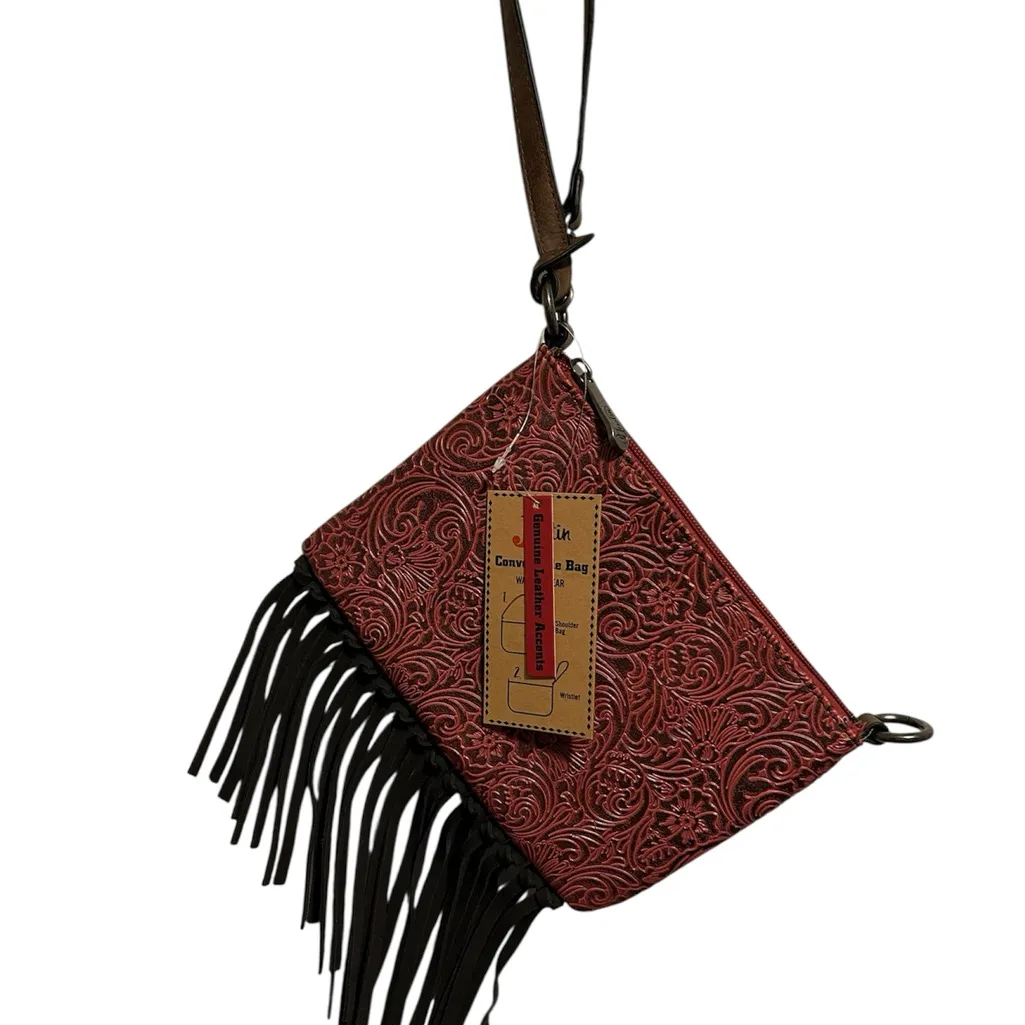 NWT: Justin Boots Brand Tooled Embossed Fringe Convertible Bag - Image 2