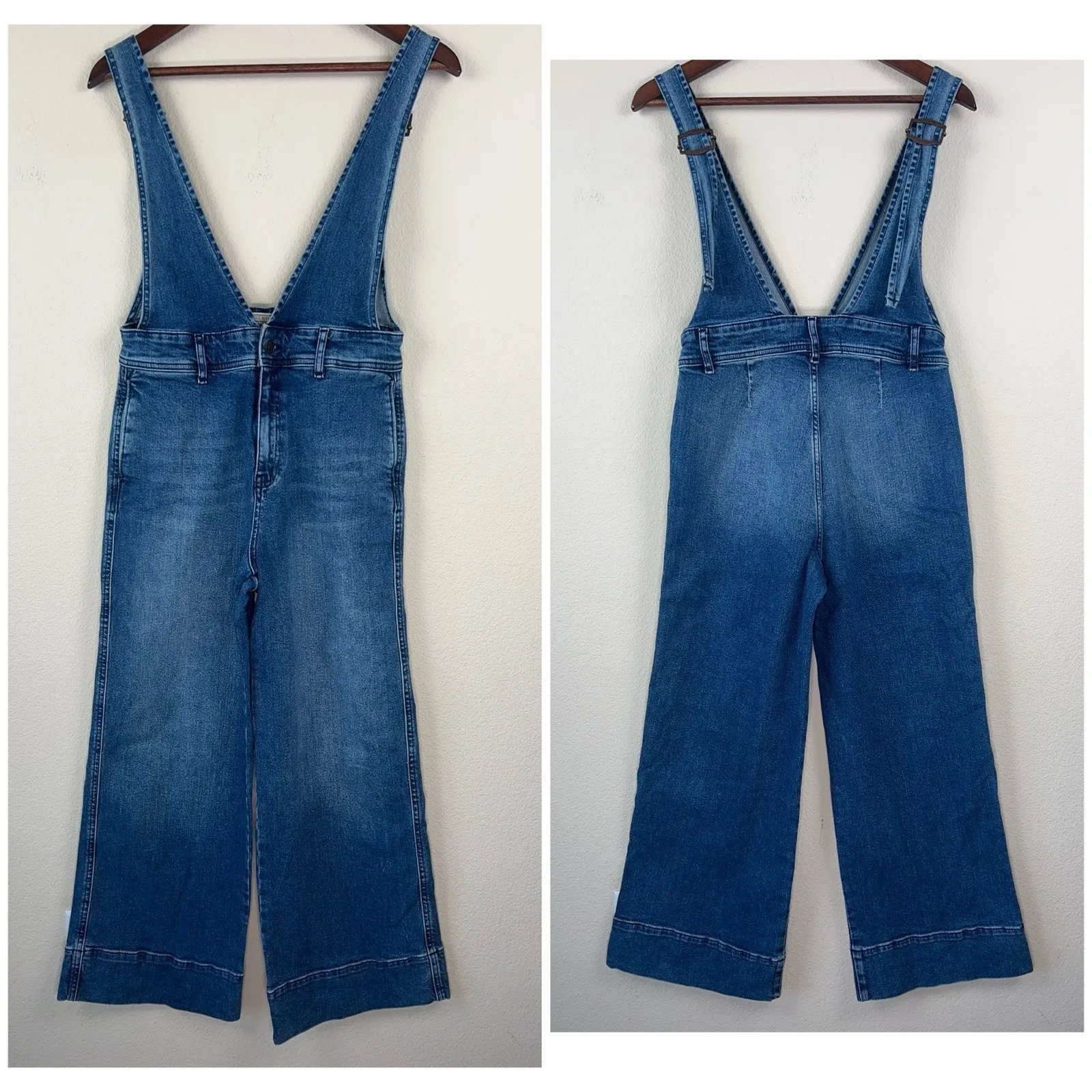 Free People Denim Jumpsuit Overalls Size 4 Wide Leg Cropped Adjustable Straps - Image 3
