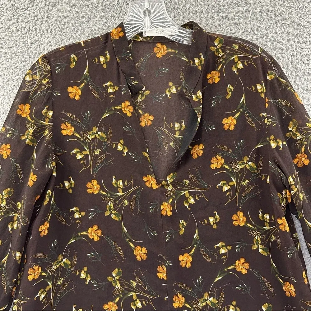 Mango MNG Suit Deep V Long Sleeve Blouse Floral Brown Women's Size 2 /‎ XS - Image 2