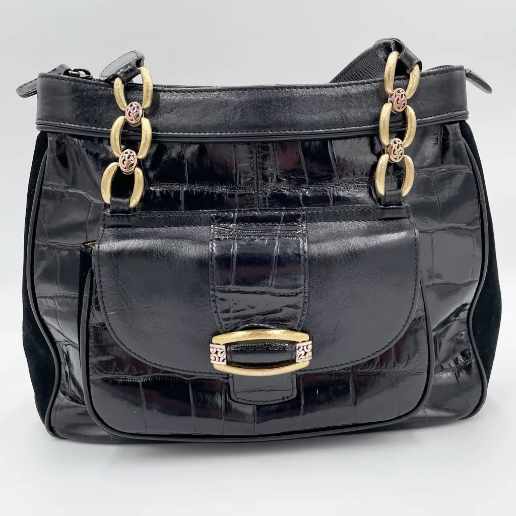 Brighton Vintage Purse Black Croc Embossed Leather Suede Metal Chain Link Strap - Image 5