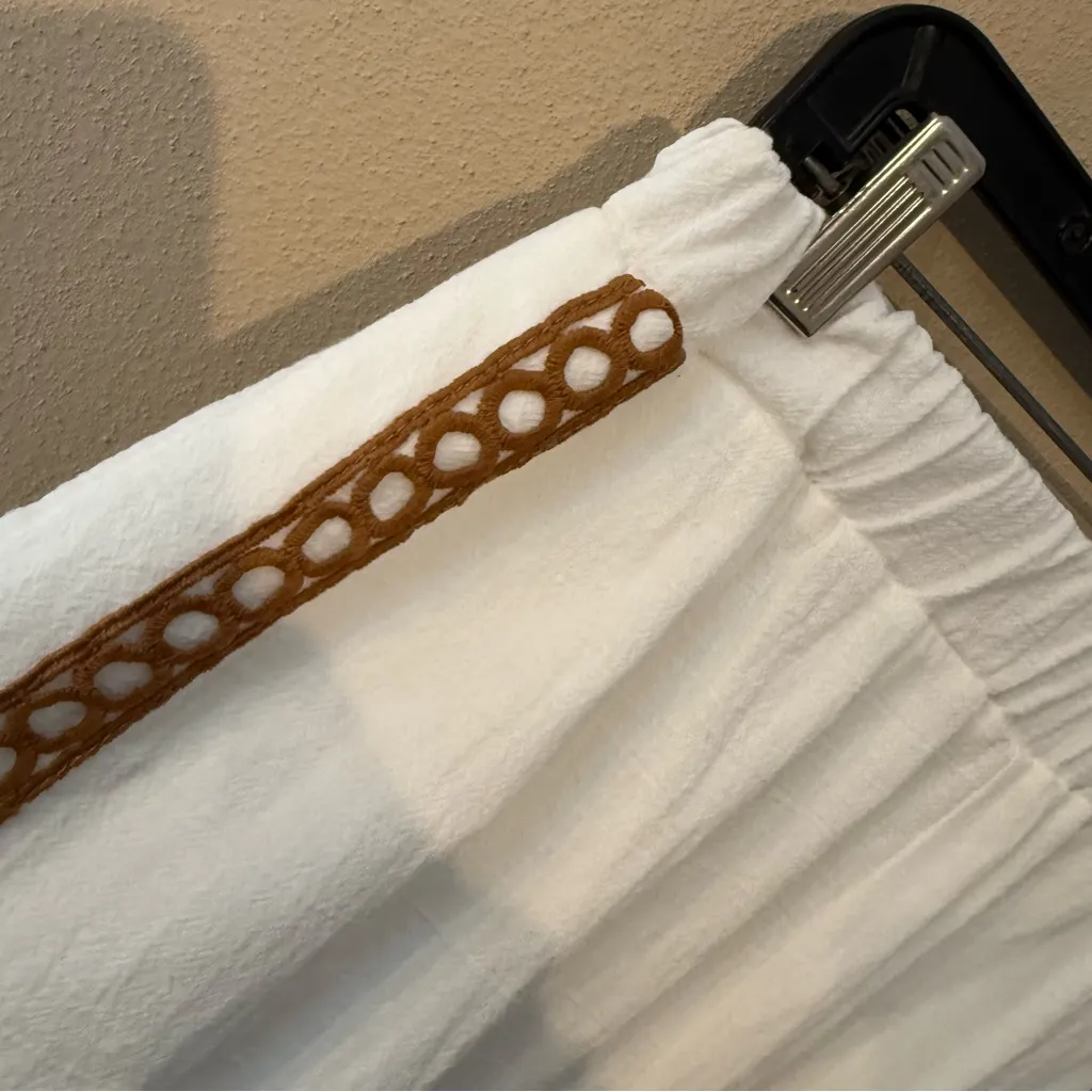 Poeselle Size S Wide Leg Loose Beach Pants White Brown Embroidered Sun Vacation - Image 9