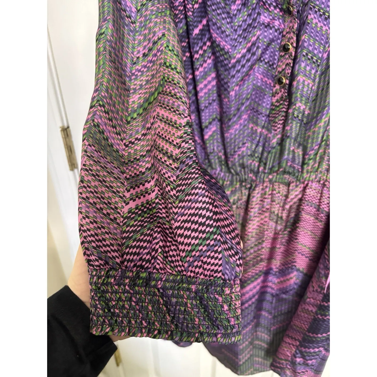 Shoshanna 100% Silk Purple Green Geometric Long Sleeve Dress Size 10 Wedding - Image 6