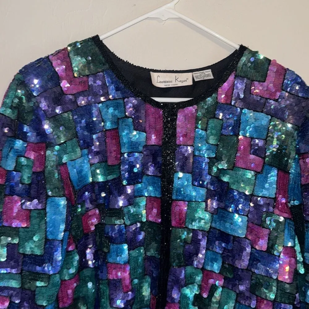 Vtg Laurence Kazar Silk Beaded Sequined Checkered Jacket cute Multicolor Size L - Image 4