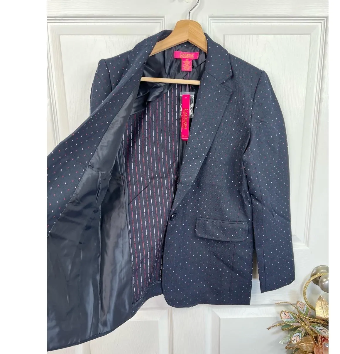 Catherine Malandrino Blue Boyfriend Blazer Sz MP Navy Stitching 3/4 Sleeve - Image 5