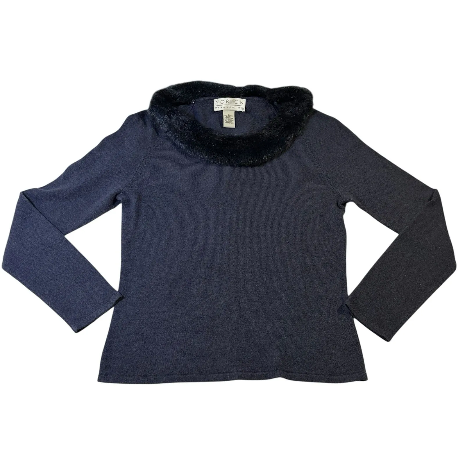 Norton McNauchton Women's Long‎ Sleeve Dusty Blue Fur Collared Sweater Size S - Image 4