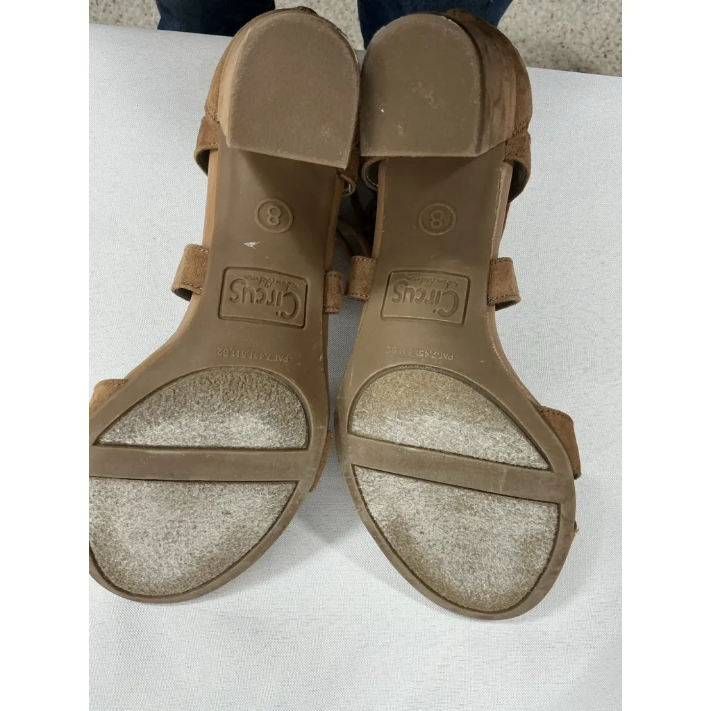 Womans Circus Strappy Bootie Shoe 8 Tan Open Toe Back Zip Block Heel Brown - Image 7