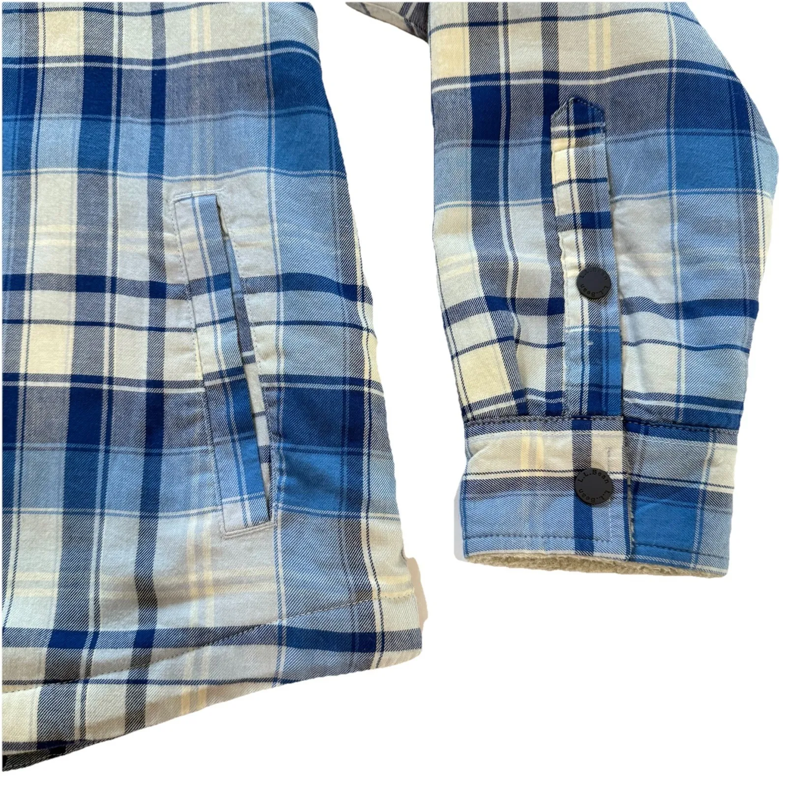 LL Bean Blue Plaid Fleece Lined Flannel Snap Shirt Jacket Shacket LARGE PETITE Size undefined - Image 4