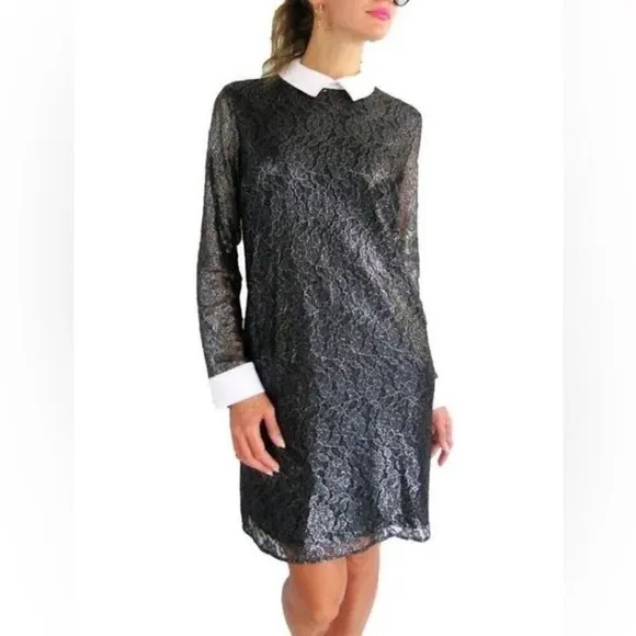 Michael Kors Floral Silver‎ Metallic Lace Shift Shirt Mini Dress Size 12 Black - Image 4