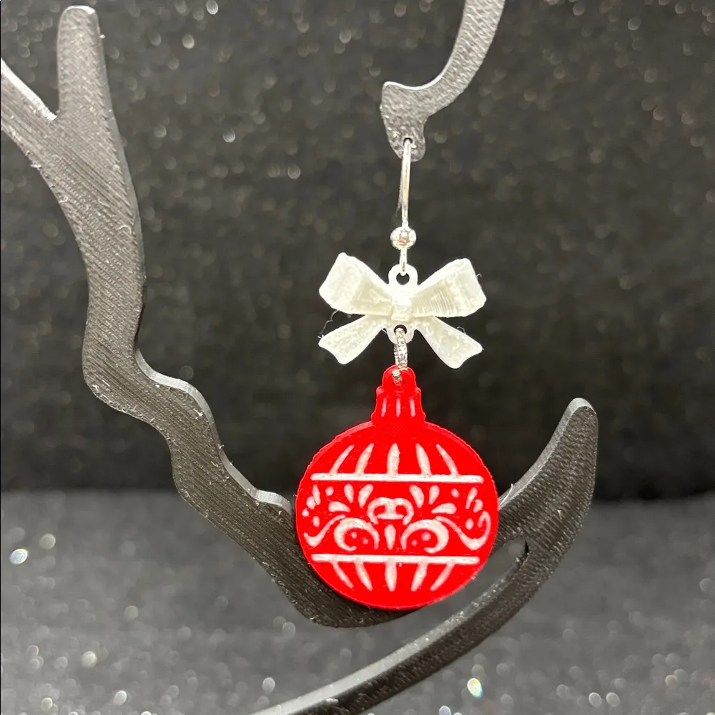 Red and White Ornament Earrings with Bow - Image 3