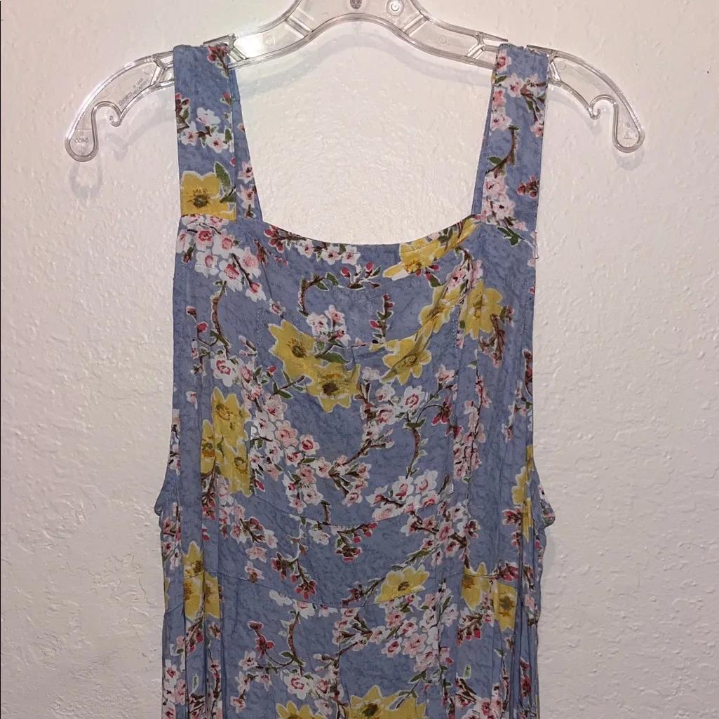 Vintage Floral Overalls Dress Blue Sleeveless Made in USA Size L - Image 3