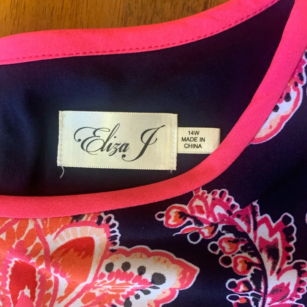 Eliza J Dress 14W Dark Blue w/ Vibrant Pink Orange Floral Accents Exposed zip - Image 2