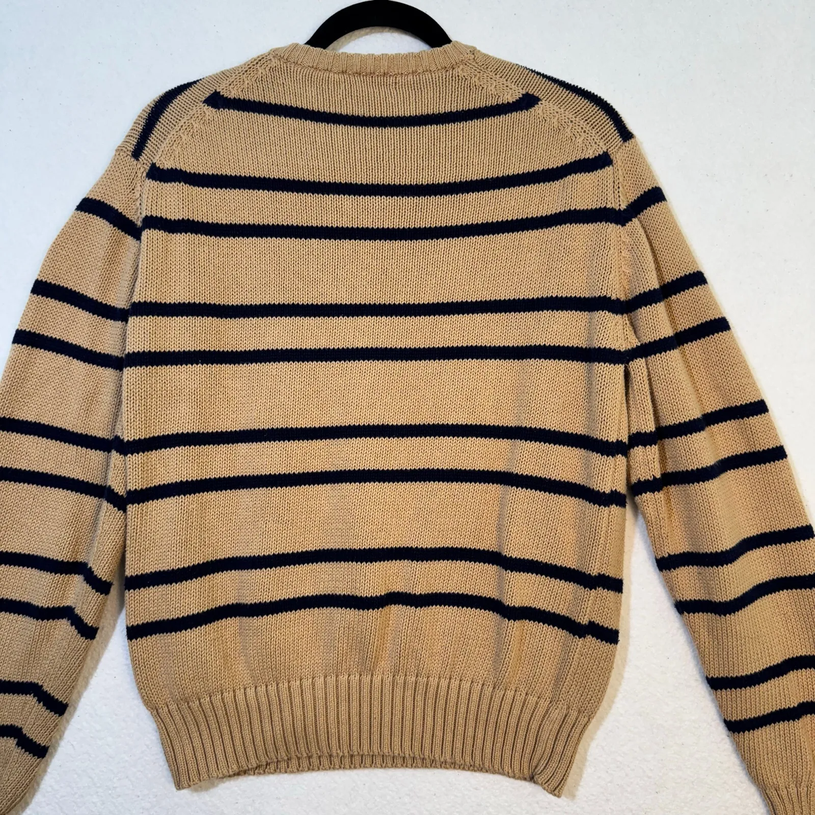 Cranmore British VTG Cotton Square Neck Tan Knitted Sweater Navy Striped Large - Image 2