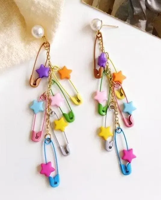 Colorful Stars Pins Pearl Stud Drop Earrings - Image 4