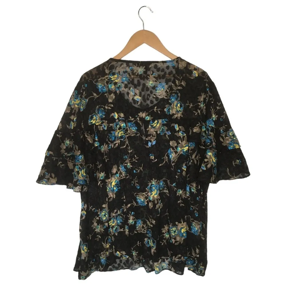 Lane Bryant Top Womens 26 Floral Sheer Short Ruffle Sleeve Boho Textured Black - Image 10